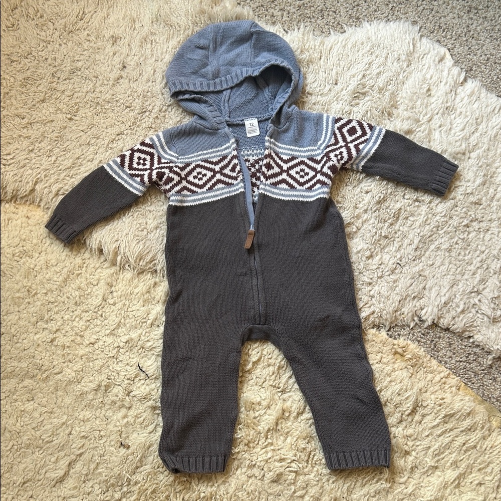 Carter's Gray and Brown Patterned Hooded cable knit pajamas